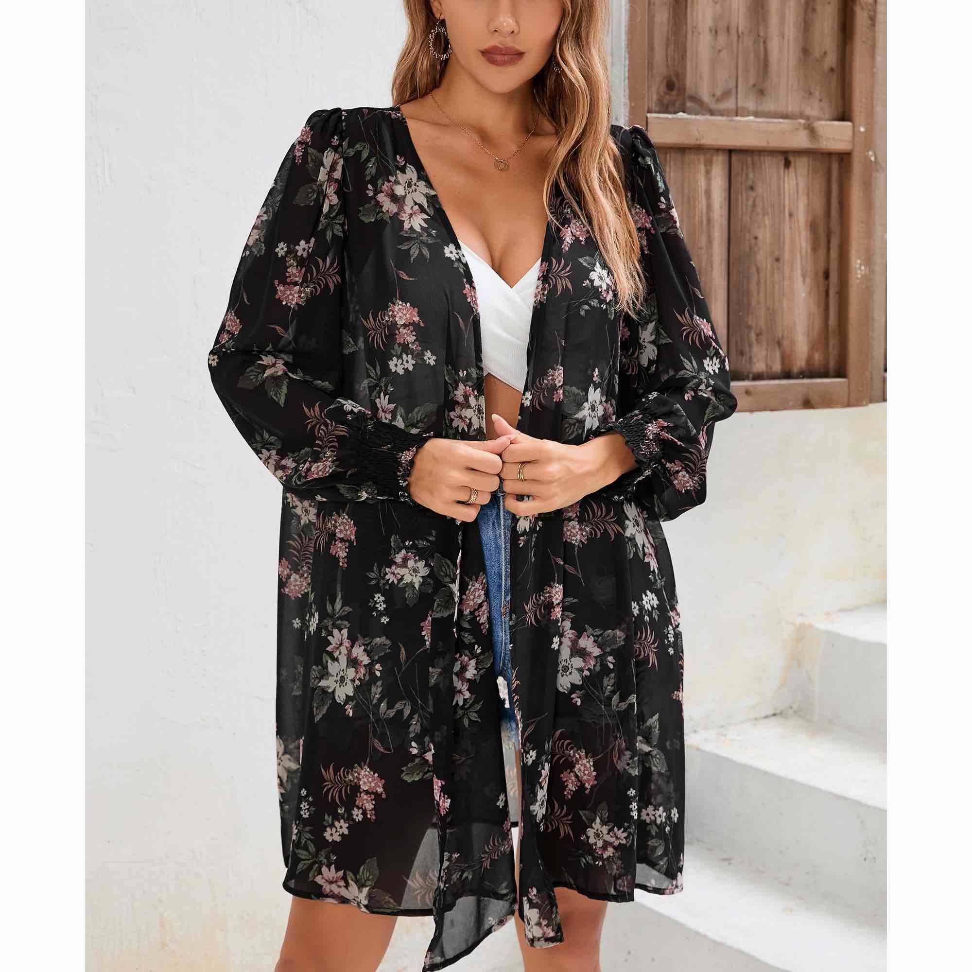 (Size S) MISSKY Women's Puff Sleeve Open Front Cardigan Leopard Floral Print Beach Cover Ups Chiffon Blouse