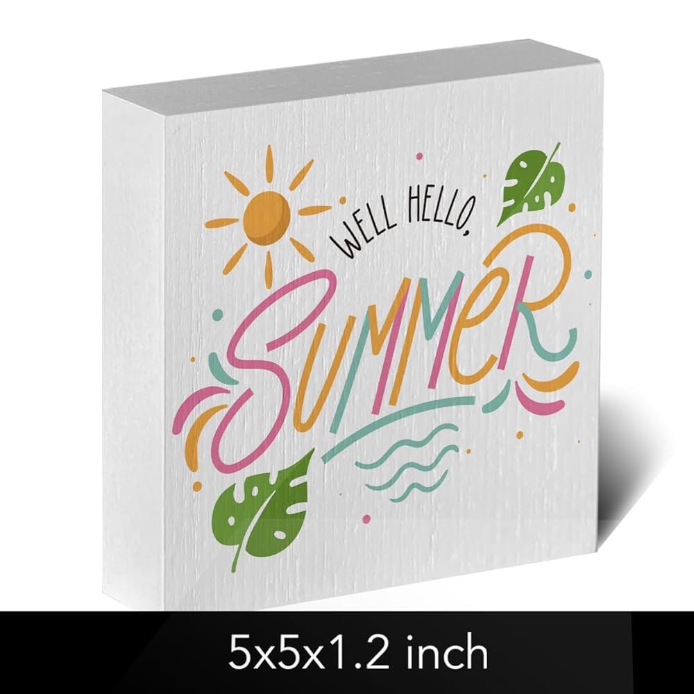 Hello Summer Sign Wooden Blocks, Rustic Summer Wood Block Sign, Vintage Summer Ice Lolly Sign Tiered Tray Decor for Summer, Home Indoor and Outdoor 