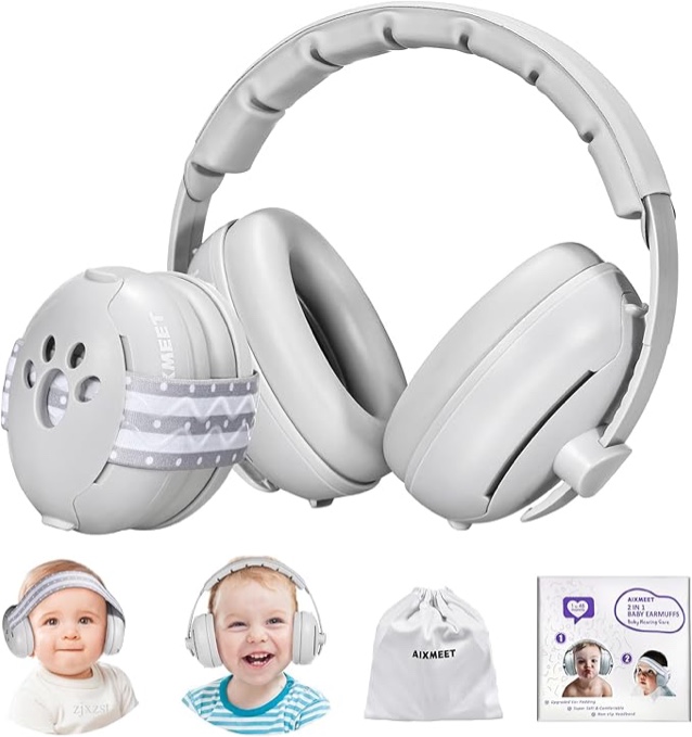 AIXMEET 2-in-1 Baby Ear Muffs Noise Protection, Baby Ear Protection for Babies and Toddlers 3 to 36 Months,Noise Reduction Earmuffs, Adjustable Baby Headphones with Stretchy Band, Grey