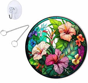 Yurtziru 1Pcs 7.9' Flowers Acrylic Window Hanging Decor Nature Plant Stained Panel Hanging Decorative Wall Decorations Colorful Argyle Suncatchers for Home Garden Party Wedding Decoration