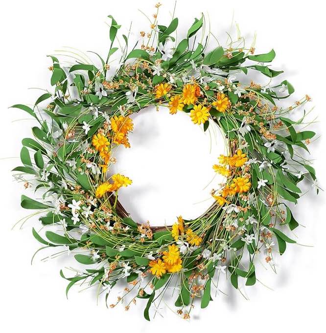 Spring Wreaths for Front Door All Season: Walasis 22 inch Summer Wreaths for Outside Outdoor with Grapevine Decor - Green Large Wreath for Porch Wall