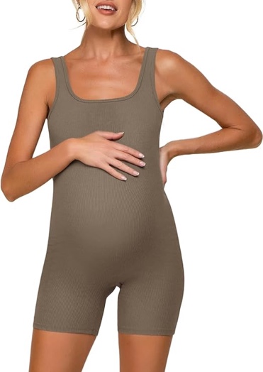 FMEYOA Maternity Bodysuit Pregnancy Shapewear — Ribbed Square Neck Sleeveless Tank Top Shorts Romper Jumpsuit