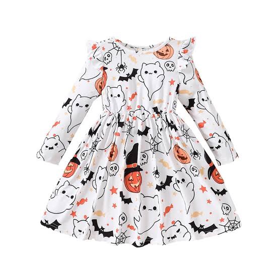 Xfglck 1-6T Toddler Kids Baby Girls Halloween Outfits Ghost Pumpkin Print Long Sleeve Dress Winter Clothes (Yellow, 4-5 T)