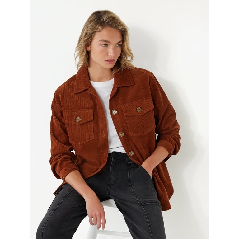 Talakeno Women's Corduroy Jacket Coat Button Down Casual Oversized Long Sleeve Shacket Shirt(Light Wine,S)
