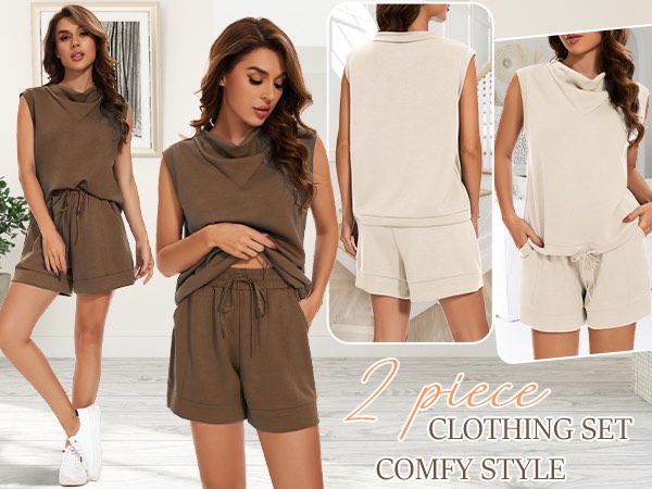 (Size M) Kenaque Women 2 Piece Outfits Sweatsuits Casual Cowl Neck Sweatshirt & Lounge Shorts Tracksuit Sets Fashion Clothes