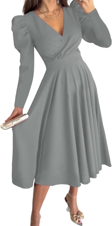 Dokotoo Womens Wrap V Neck Long Sleeve High Waist Vintage Wedding Guest Cocktail Party Swing A Line Midi Dresses - Large