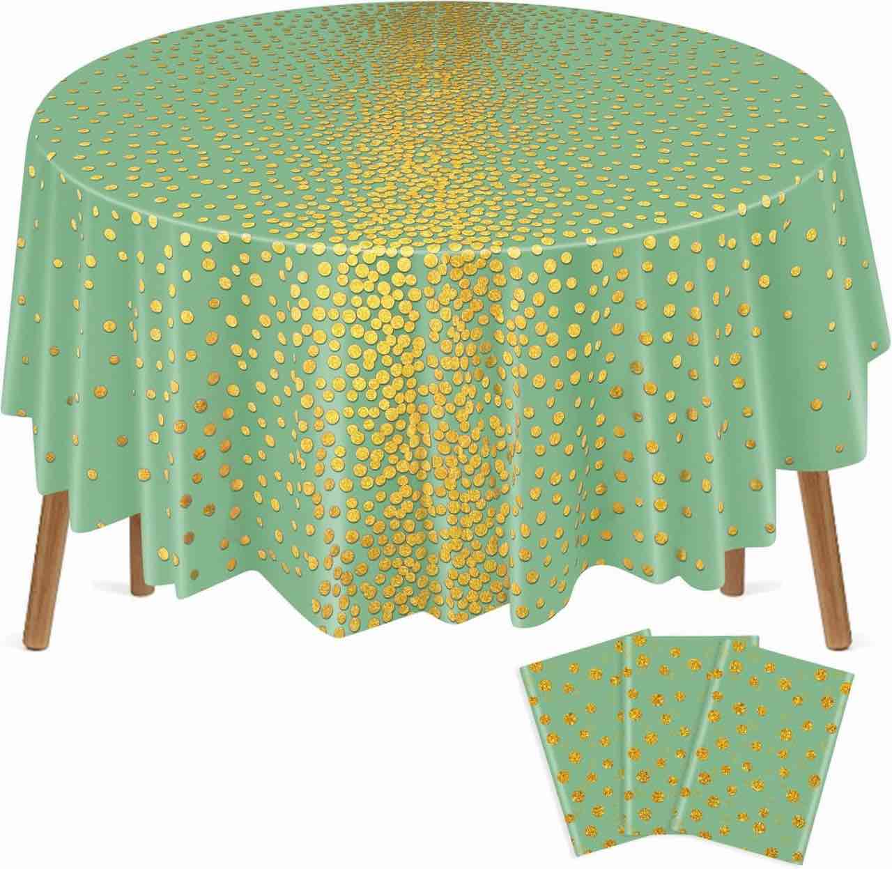 Preboun 4 Sets 84 Inch Polka Dot Round Disposable Tablecloths Graduation Plastic Table Cover with Satin Table Runner for 2025 Graduation Grad Wedding Bridal Shower Birthday Party (Sage Green,Gold)