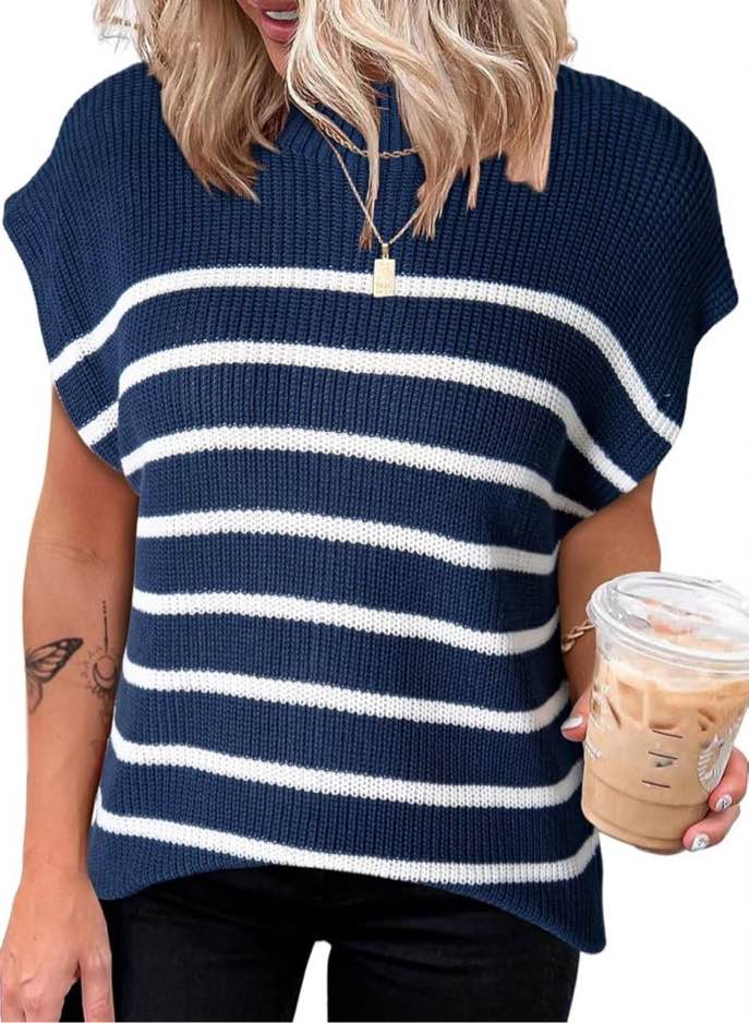 Dokotoo Women's Sweater Cap Sleeve Mock Neck Basic Loose Fit Ribbed Knit Pullover Striped Sweaters 2024 Summer Y2k Outfits