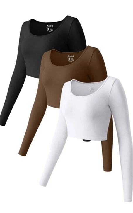 OQQ Women's 3 Piece Crop Tops Long Sleeve Round Neck Stretch Fitted Underscrubs Shirts Crop Tops Black Coffee White