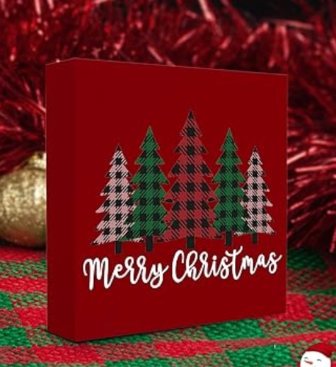 Christmas Tree Decor Desk Accessories - Merry Christmas Sign Decorations for Home Office Shelf Table Desk Gifts for Women - 5 x 5 Inch (Red)