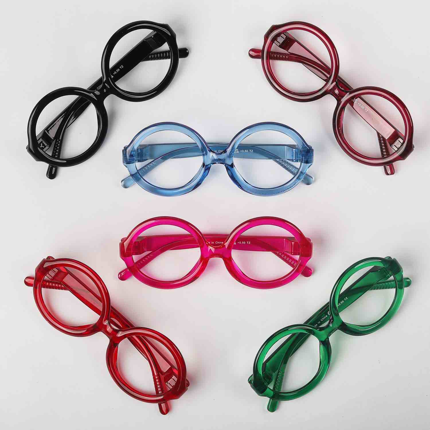 GUD Huge Round Reading Glasses with Screwless Spring Hinge Metalless 6 Pack Oversized Women Readers +1.00