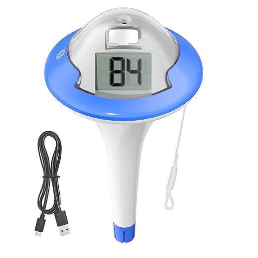 BALDR Floating rechargeable pool thermometer with two digital screens and large digits for pool, hot tub, hot spring, aquarium (dark blue)