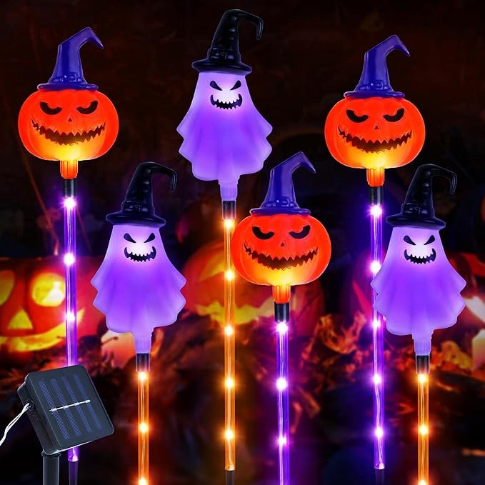 6 Pack Solar Lights - Outdoor Halloween Decorations, 8 Modes Pumpkin Ghost Garden Stake Lights, Waterproof for Party, Porch, Pathway, Yard Decor