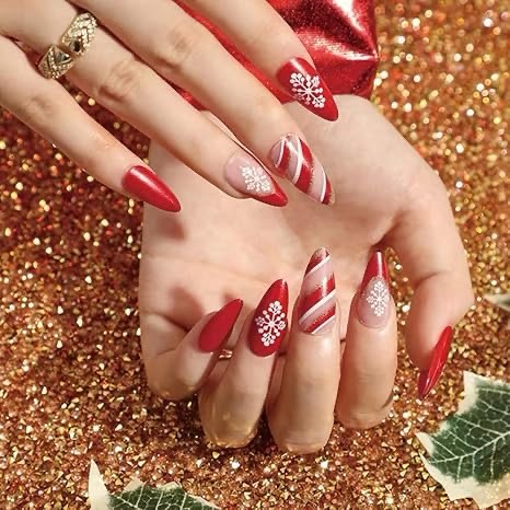 BiBiSi Christmas Press on Nails Almond Medium Fake Nails Christmas Twill Snowflake Design Winter Red Press on Nails Gel Glossy Acrylic Nails Glue on Nails Kit 24 Pieces
