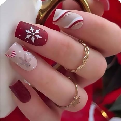 clvpai christmas press on nails short square stick on nails red brown matte fake nails with glitters gingerbread snowflake cute full cover glue on nails winter nail art decorations for women girls
