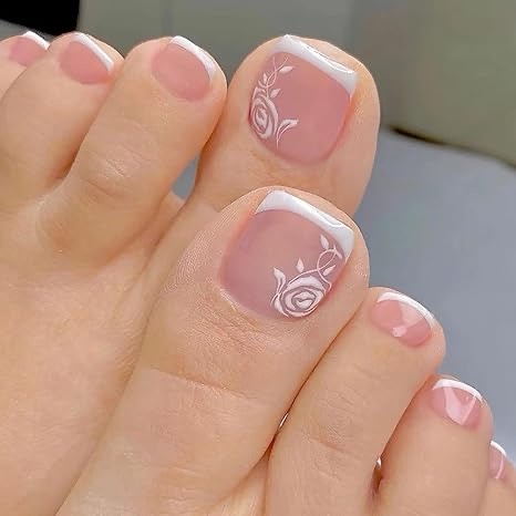 clvpai summer press on toenails short french tip fake toe nails square shape full cover white flower glue glossy pink acrylic rose design false static for women, 24 pieces