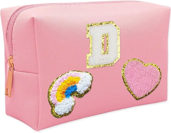 Personalized Inital Preppy Makeup Bag Set with Zipper, Monogram Waterproof Travel Cosmetic Bag for Women, Cute Preppy Patch Toiletry Bag for Traveling Outdoors, Gift Ideal for Christmas Thanksgiving