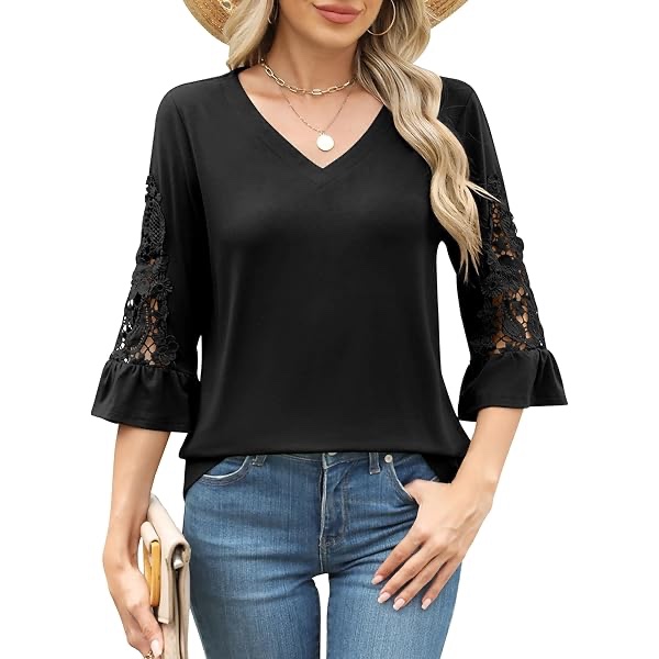 (Small - Dark Green) TCOT Women's Long Sleeve Shirts V Neck Lace Tops Business Casual Tops Dressy Blouses Work Shirts