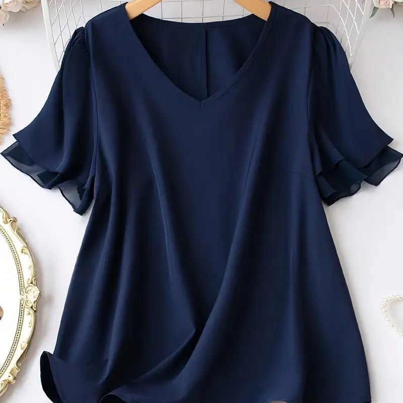 (XX-Large) Buenos Ninos Women V Neck Short Sleeve Blouse Blue