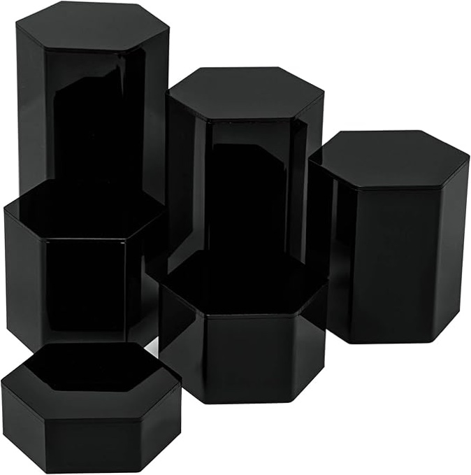 Red Co. Glossy Black Hexagonal Acrylic Jewelry Figure Showcase Display Riser Stands with Hollow Bottoms |6-Pack