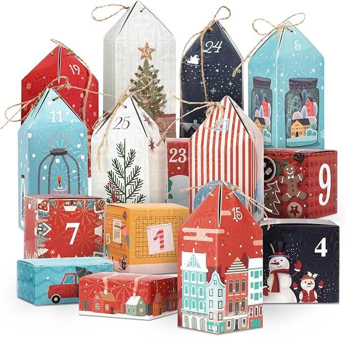DIY Christmas Advent Calendar Boxes to Fill, 25 Numbered Empty Advent Calendar Houses Boxes, 2024 Countdown Advent Calendars Surprise Gift Boxes for Kids Family Friends, XMAS Holiday Decor -25 Designs