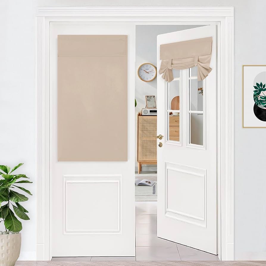 Easy-Going French Door Curtains, Thermal Insulated Privacy Blackout Door Window Tie up Curtains for Entryway Front Door, 2 Panels, 26x40 inch, Beige