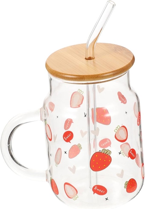 vintorky 1 set strawberry glass travel bottle drinking water cup mason jar cups milk cup leopard print glass tumbler cocktail cups coffee cup milk fruit mug cute student travel mug wooden