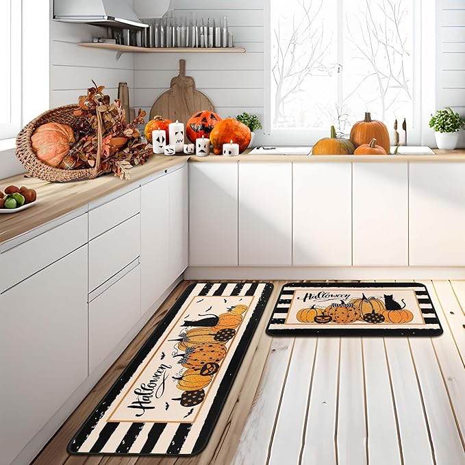 Halloween Pumpkin Kitchen Rug Set of 2 Trick or Treat Decorations Kitchen Mat Non Slip, Holiday Floor Mat for Home Kitchen Decorations, Sink, Office, Laundry 17"x47"+17"x30"