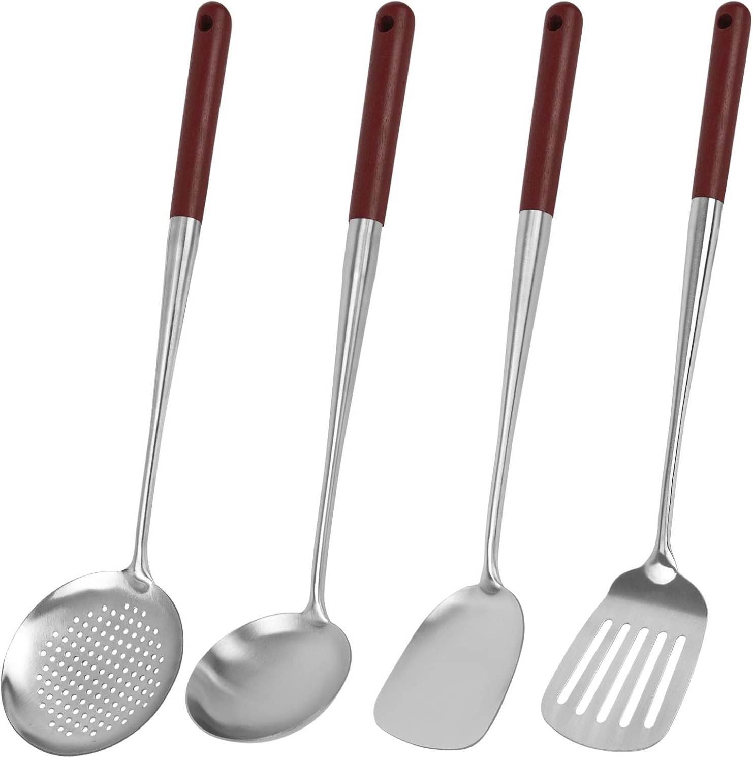 HANSGO Wok Utensils Set, Stainless Steel Wok Spatula and Ladle, 15 Inches Wok Tools Long Wooden Handle Include Slotted Spoon and Slotted Spatula