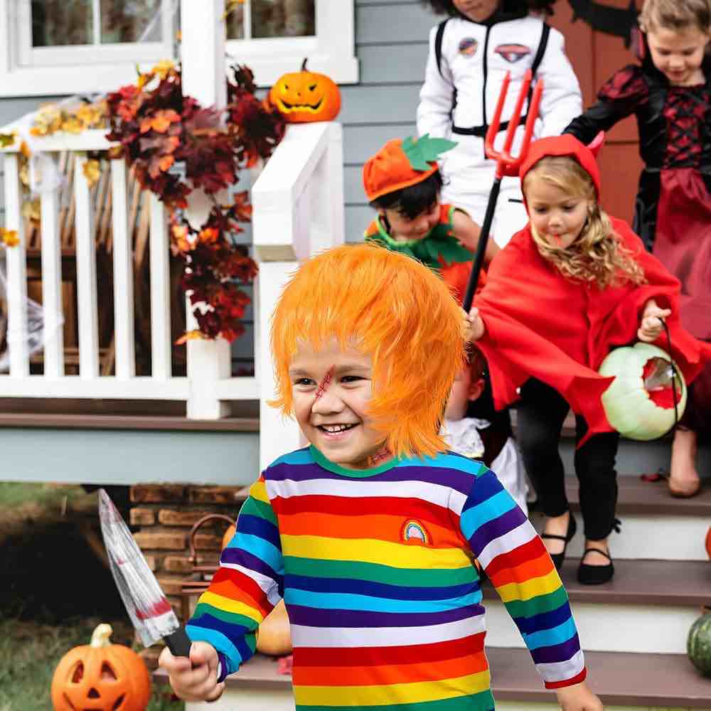 (Size 110) Halloween Ghost Doll Costume, Anime Wigs Rainbow Shirts Fake Knife Fake Scar Temporary Tattoos for Kids Cosplay Party (Size 110)