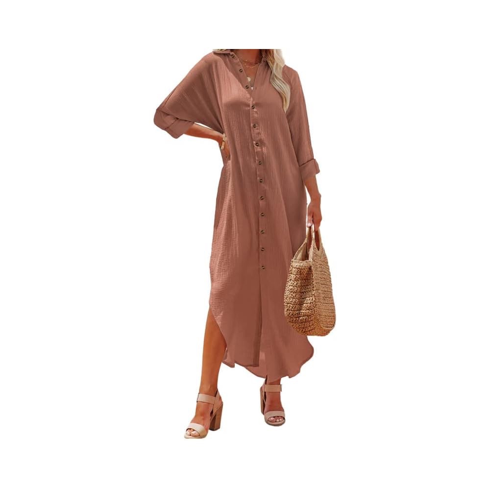 Dokotoo Women Elegant Casual Summer Spring Button Down Front Long Sleeve Maxi Dress Long Cardigan Cover Ups Shirt Dresses - XL