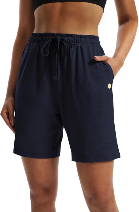 LUCKYCATCUS Women's 7" Bermuda Shorts Jersey Shorts with Pockets Workout Yoga Athletic Long Shorts for Women (Dark blue, Medium)