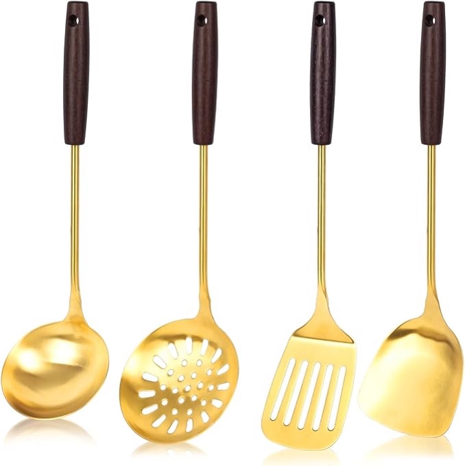 HANSGO Wok Utensils Set, Stainless Steel Wok Spatula and Ladle, 15 Inches Wok Tools Long Wooden Handle Include Slotted Spoon and Slotted Spatula