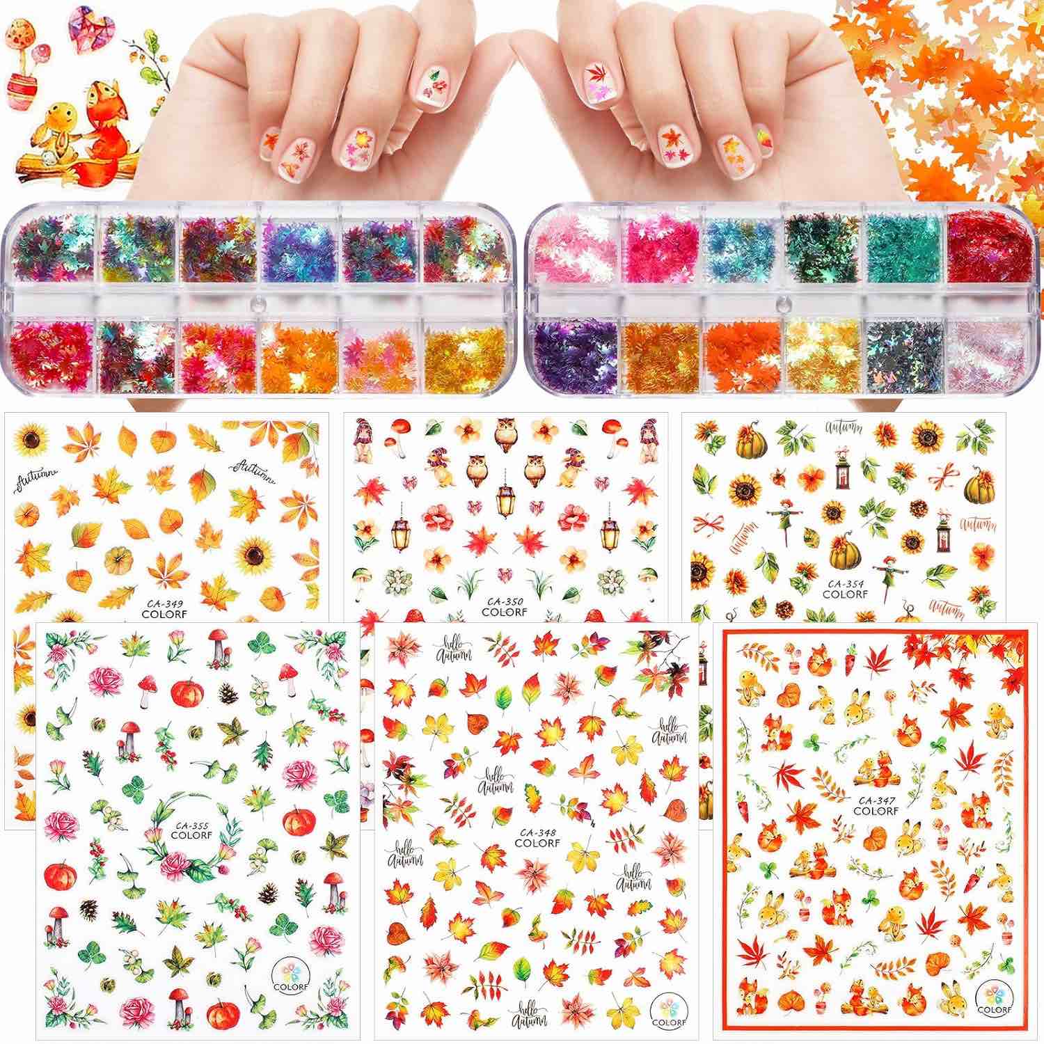 Maitys 24 Pcs Fall Leaf Nail Stickers Thanksgiving Autumn Maple Art Nail Stickers Fall Leaves Nail Decals Self Adhesive Transfer Nail Decoration for Thanksgiving Party Favors Nail DIY Women