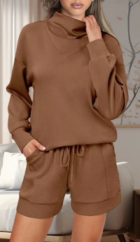 (Large) Kenaque Women 2 Piece Outfits Sweatsuits Casual Cowl Neck Sweatshirt & Lounge Shorts Tracksuit Sets Fashion Clothes