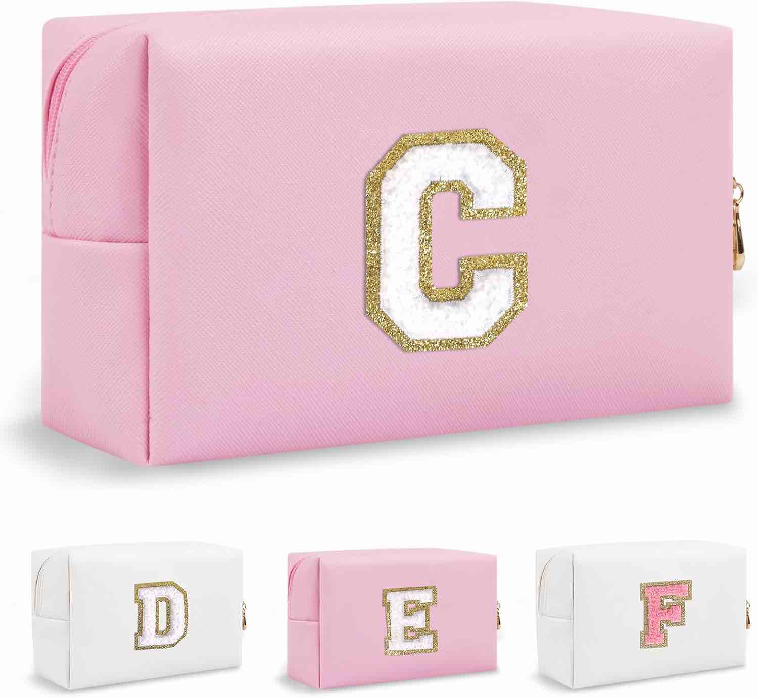 Fruobeyla Pink Makeup Bag, Travel Makeup Cosmetic Bag with Letter Keychain Small Cute Makeup Brush Bag Snacks Bag Laser Makeup Brush Bag with Pink Keychain for Women, Girls Letter C