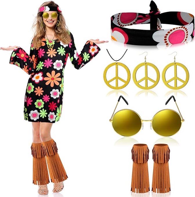 (Large) Jenaai 8 Pcs 60s 70s Hippie Outfits for Women Costume Set Disco Dress Headband Socks Halloween Costume Accessories