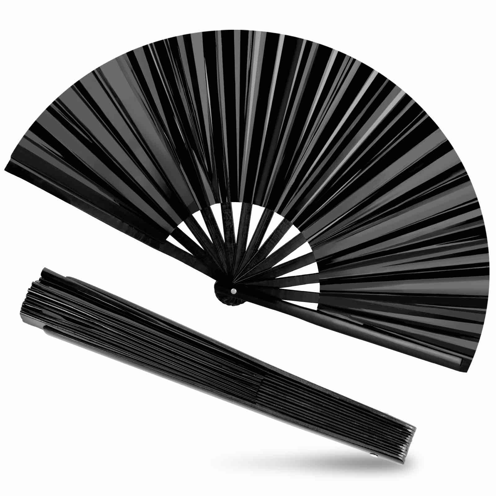 JOHOUSE Large Folding Fan, 13 Inch Glitter Rave Hand Fan Holographic Laser Color Handheld Fan for Rave Outfits Accessories, Music Festival, Crazy Club Party, Dance for Men Women, Black