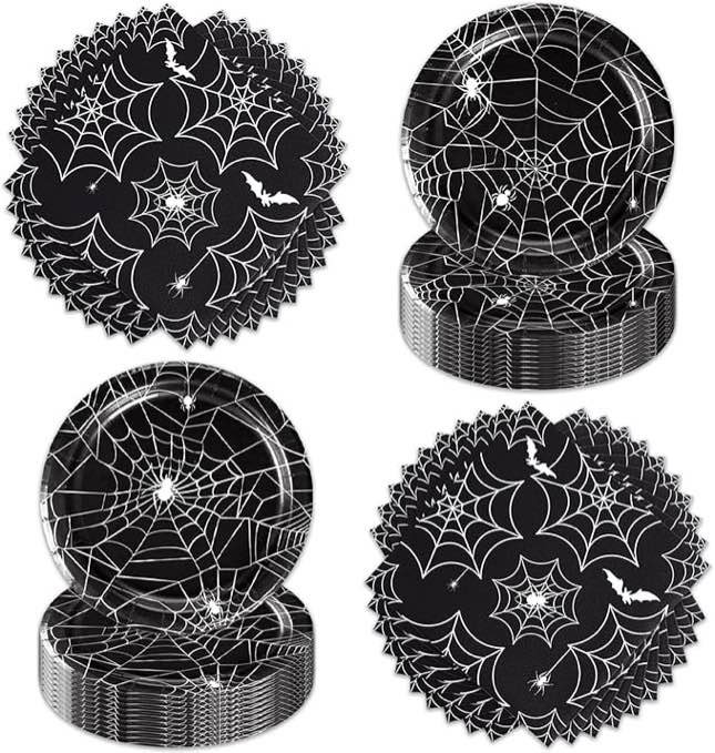 48pcs Halloween Spider Web Party Supplies Disposable Plates Napkins Tableware Set Serves 24 Guests Spooky Halloween Party Decorations