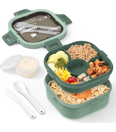 PEDECO Bento Box, Salad Bento Lunch Box for Adults and Kids (48 oz), Bento Box with 2 floors and 2-compartments, BPA Free, Dishwasher Safe, Built-in Cutlery Set Spoon & Fork (Green)