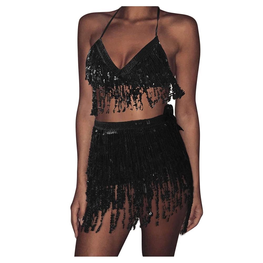 kaguster 2 Pcs Womens Rave Outfits Shiny Metallic Crop Top Sequin Fringe Outfits Clubwear for Women