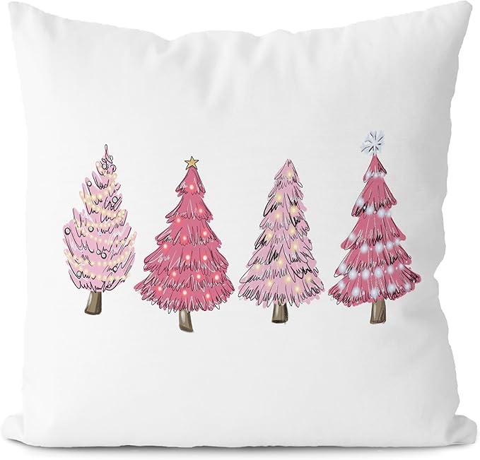 Supwhd Pink Christmas Tree Santa Pillow Covers 18x18 Set of 2, Retro Pink Santa Christmas Tree Throw Pillows Cover, Pink Santa Christmas Pillows Decorative Throw Pillows for Couch Living Room Bedroom