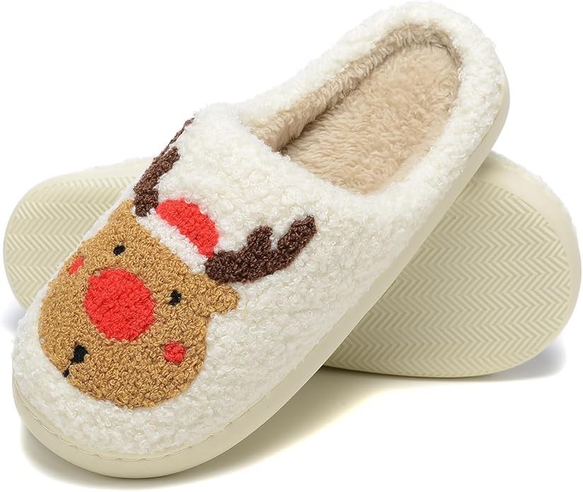Dumhew Women Reindeer Christmas Xmas Slippers Men Elk Moose Cute Cartoon Non-Slip Memory Foam Warm House Slippers