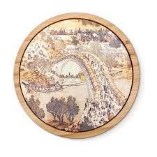 8 Inch Small Kungfu Tea Tray Round, Absorbent Ceramic Coaster with Bamboo Frame, Traditional Chinese Painting Ceramic Coaster for Single or Double Persons, Suitable for Home, Office, Picnic