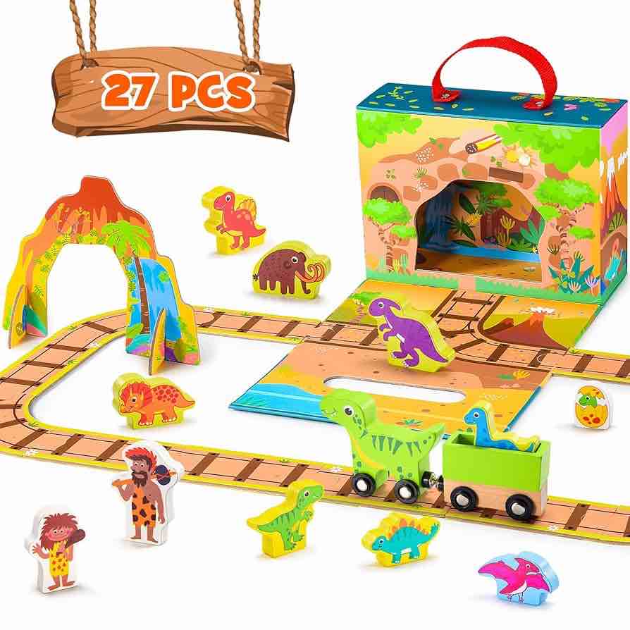 Dinosaur Toys for Kids, Wooden Mini Dinosaur Figure Toy Set Including Dinosaur Train Montessori Learning Toy for 3 4 5 6 Year Old Kid Preschool Educational Activities for Boys Girls