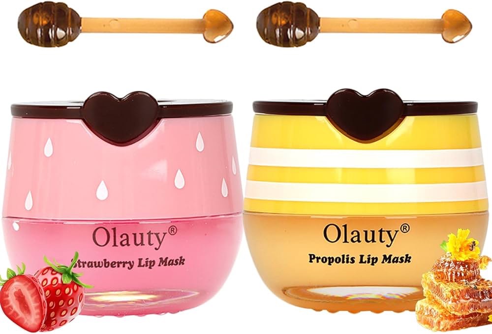 2 PCS Bee Lip Balm Honey Pot, Strawberry Sleeping Mask Overnight With Sticks, Moisturizing Exfoliating Prevention for Dry and Cracked Lips