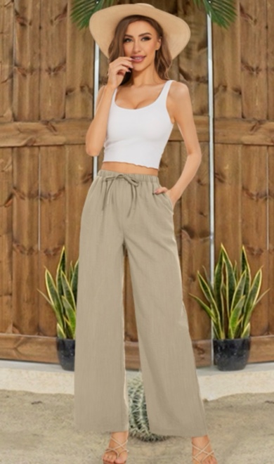(X-Large) KICZOY Beach Flowy Pants for Women Elastic Waist Wide Leg Palazzo Summer Trousers Loose Fit with Pockets