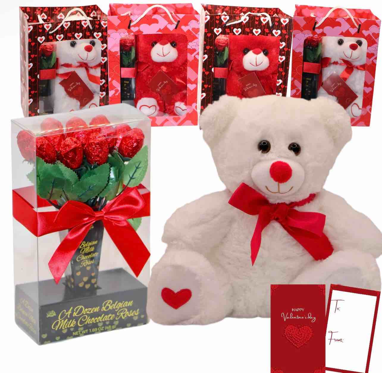 C15 Valentine Gift Set; Milk Chocolate Roses with Cute Teddy Bear Set; Valentines Day Gifts with Valentine Bag and tag