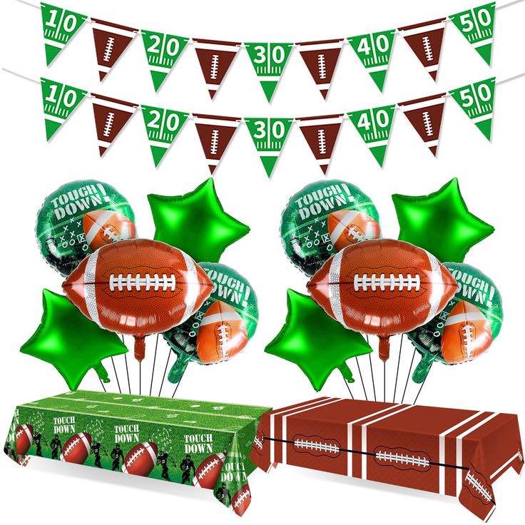 lunmon 14 pcs football party decorations with 10 foil football field balloons 2 disposable tablecloth 51'' x 86'' plastic touchdown table cover 2 banners for game birthday decoration
