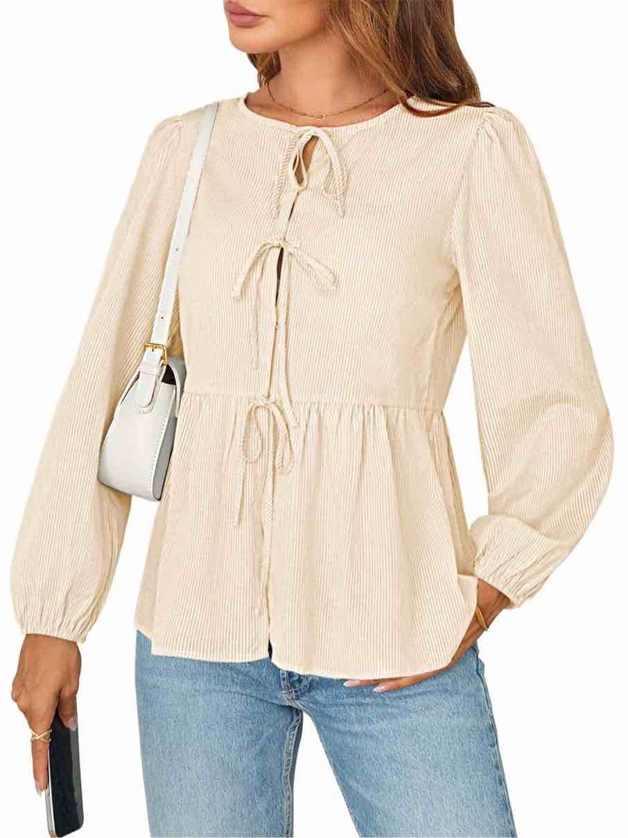 (Size L) MEROKEETY WOMEN'S TIE-FRONT STRIPED PEPLUM BLOUSE WITH PUFF SLEEVES